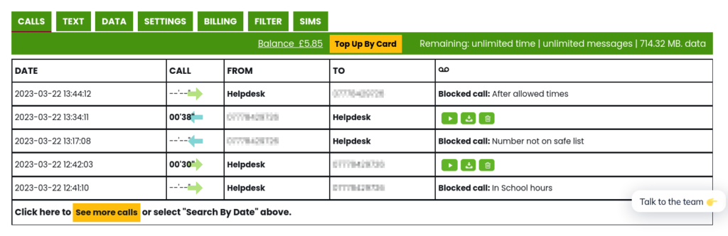 Extract from portal showing blocked calls